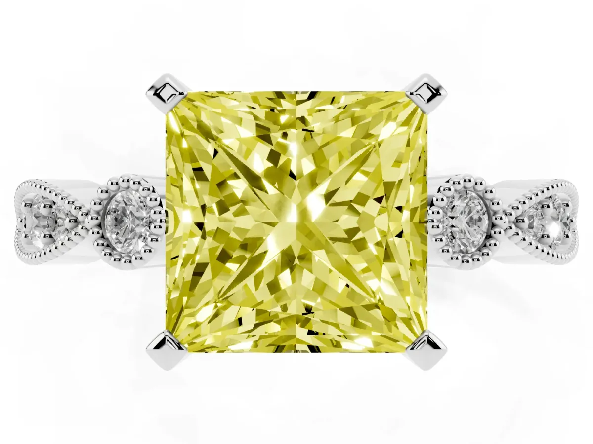 Fancy Yellow Princess Cut Milgrain Bezel Diamond Engagement Ring with Solitaire Prong Setting Silver