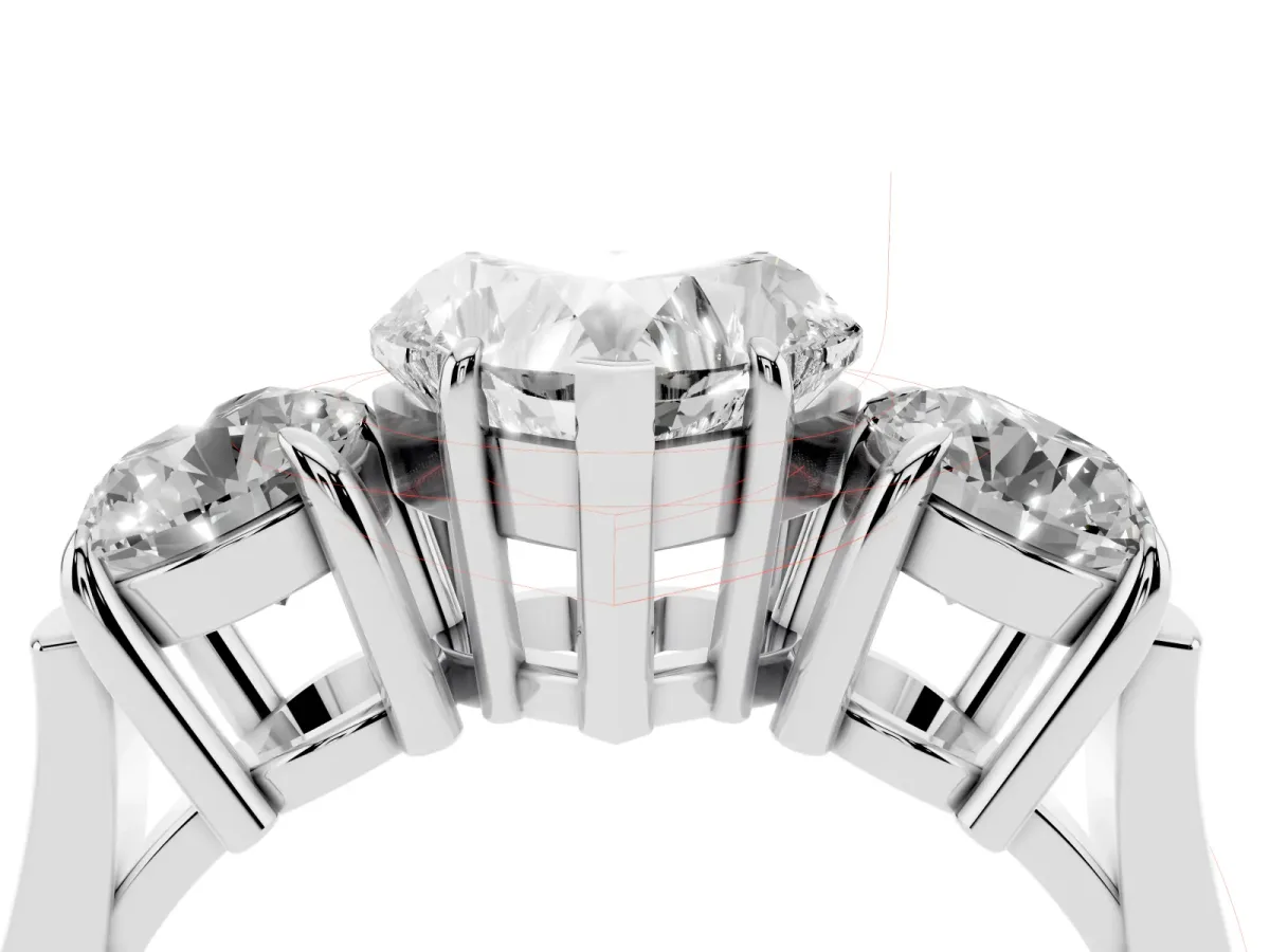 Three-Stone Heart Cut Cut Diamond Ring with Round Accent Stones, Prong Setting, and Classic Band Platinum