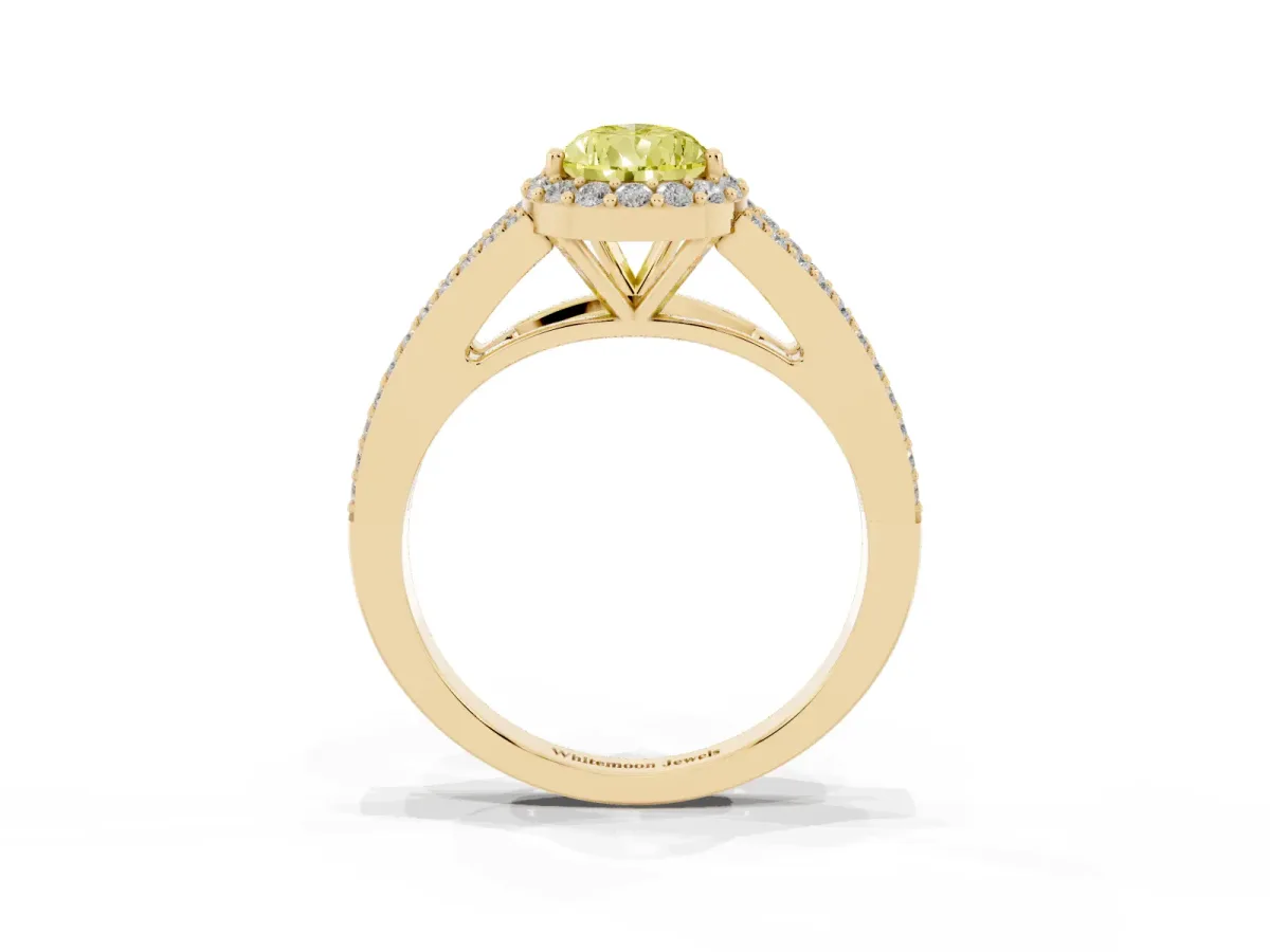 Fancy Yellow Pear Cut Halo Split Shank Pave Diamond Ring with Four-Prong Setting Yellow gold