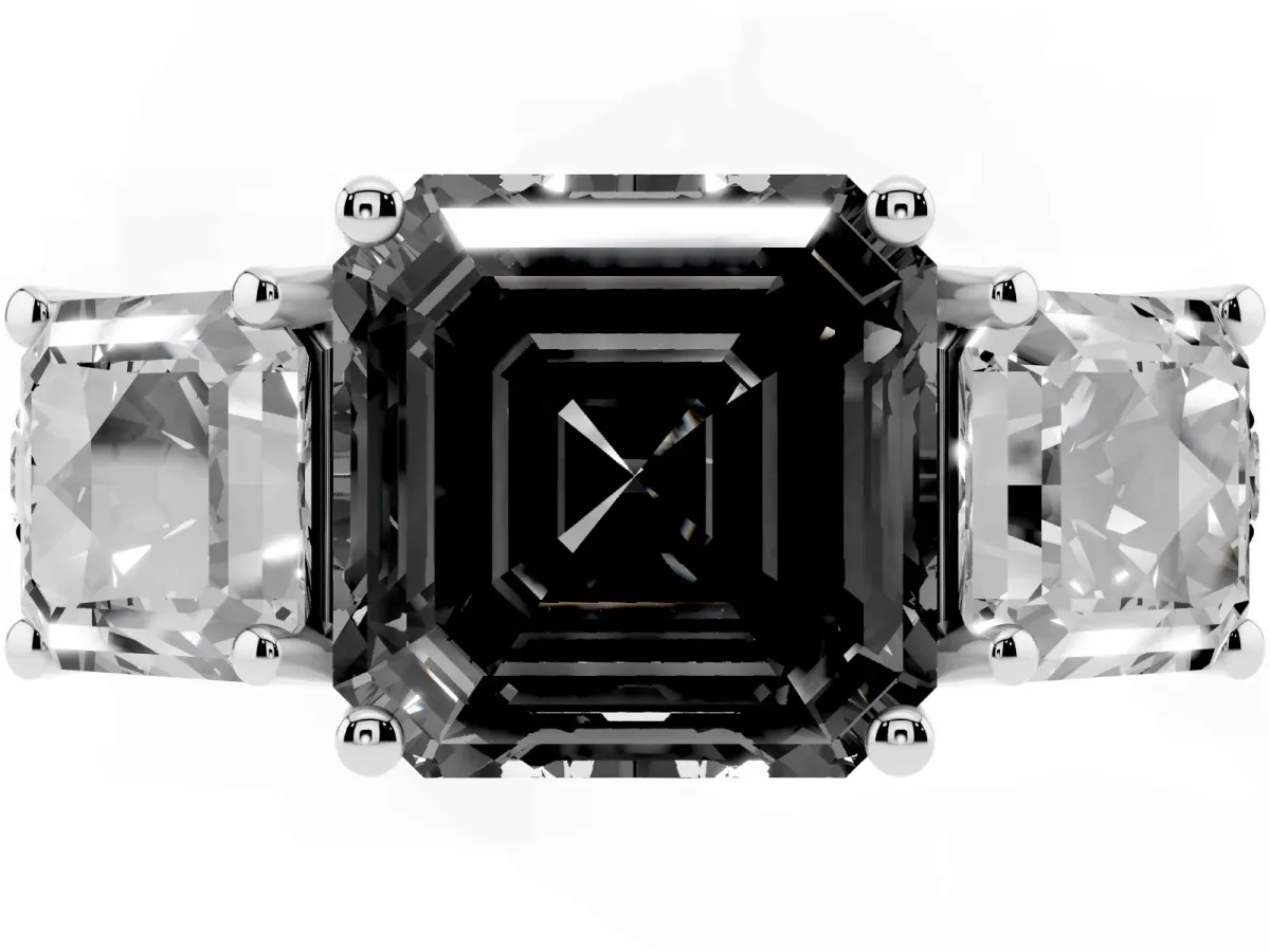 Fancy Black Three-Stone Asscher Cut Diamond Pavé Band with Prong Setting Platinum