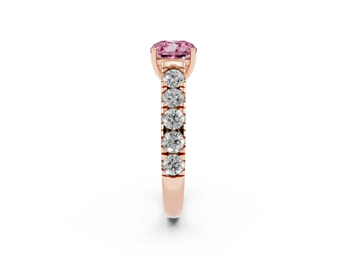 Fancy Pink Cushion Cut Cut Diamond Solitaire Ring with Micro Pave Band and Prong Setting Rose gold