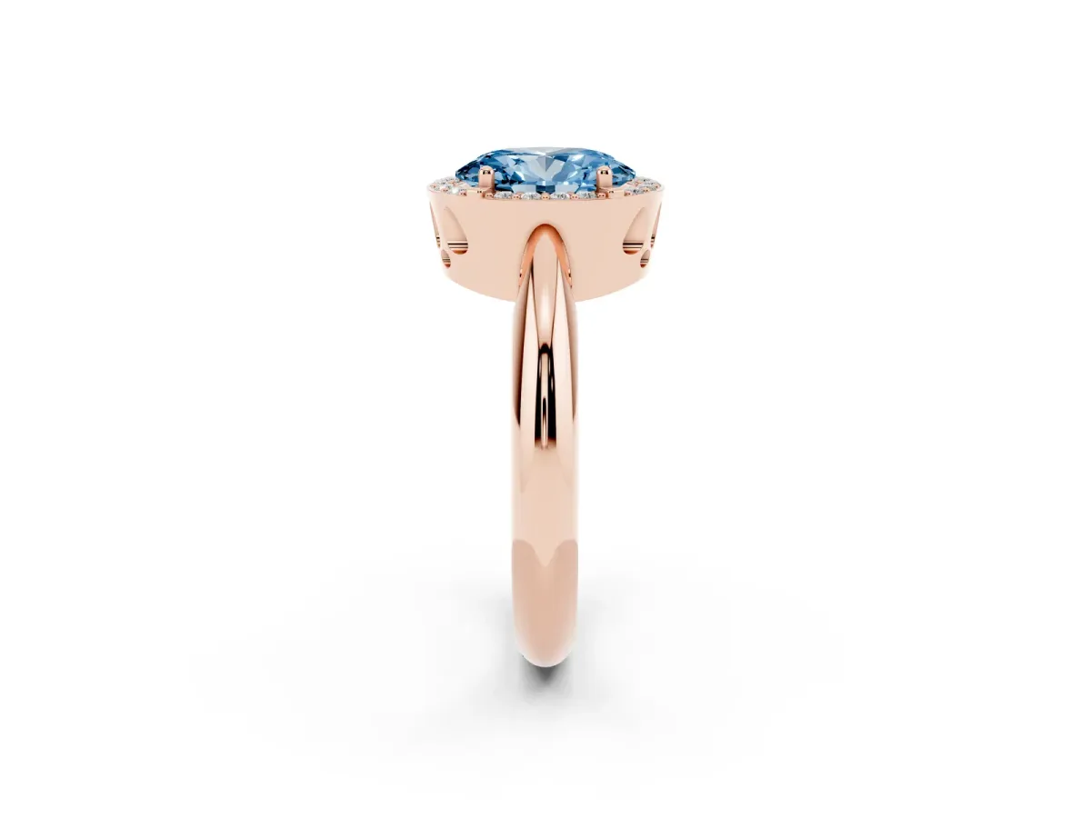 Fancy Blue Oval Cut Cut Diamond Halo Engagement Ring with Split Shank and Four-Prong Setting Rose gold