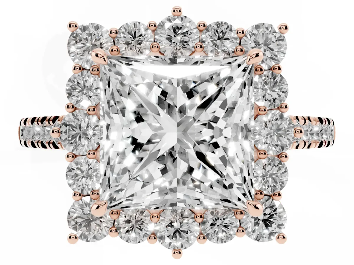 Princess Cut Halo Diamond Ring with Pavé Band and Prong Setting Rose gold
