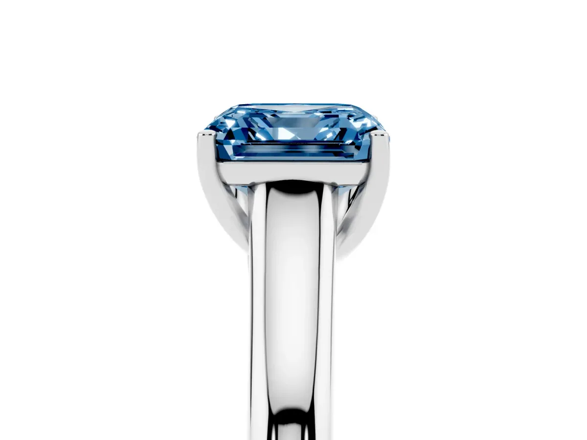 Fancy Blue Asscher Cut Solitaire Engagement Ring with Tapered Band and Four-Prong Setting Silver