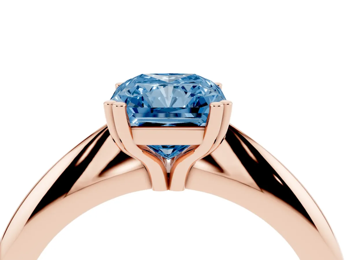 Fancy Blue Radiant Cut Cut Solitaire Engagement Ring with Tapered Band and Four-Prong Setting Rose gold