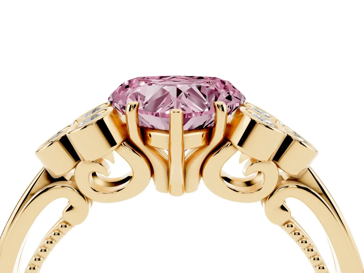 Fancy Pink Heart Cut Cut Diamond Engagement Ring with Bezel Set Round Side Stones and Prong Setting Yellow gold