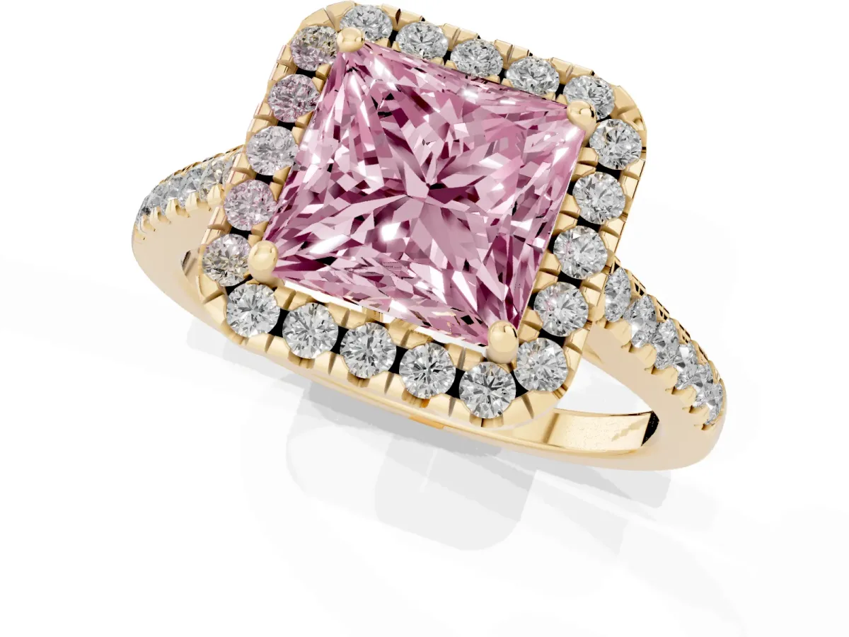 Fancy Pink Princess Cut Halo Pavé Diamond Engagement Ring with Four-Prong Setting Yellow gold