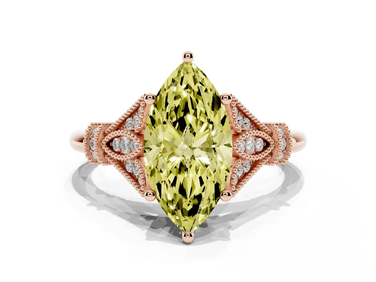 Fancy Yellow Marquise Cut Diamond Solitaire Ring with Floral Filigree and Pave Accents Rose gold