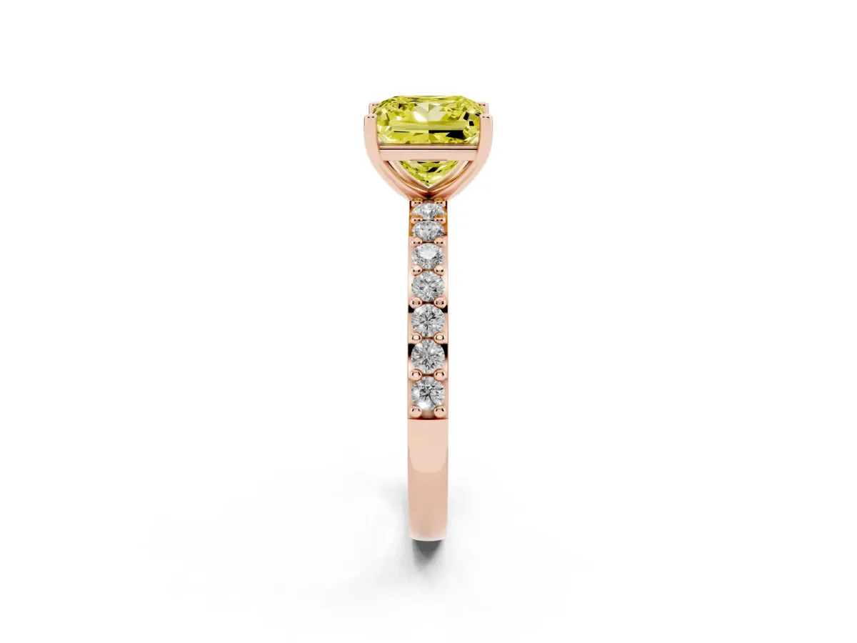 Fancy Yellow Princess Cut Cut Diamond Solitaire with Pave Band and Four-Prong Setting Rose gold