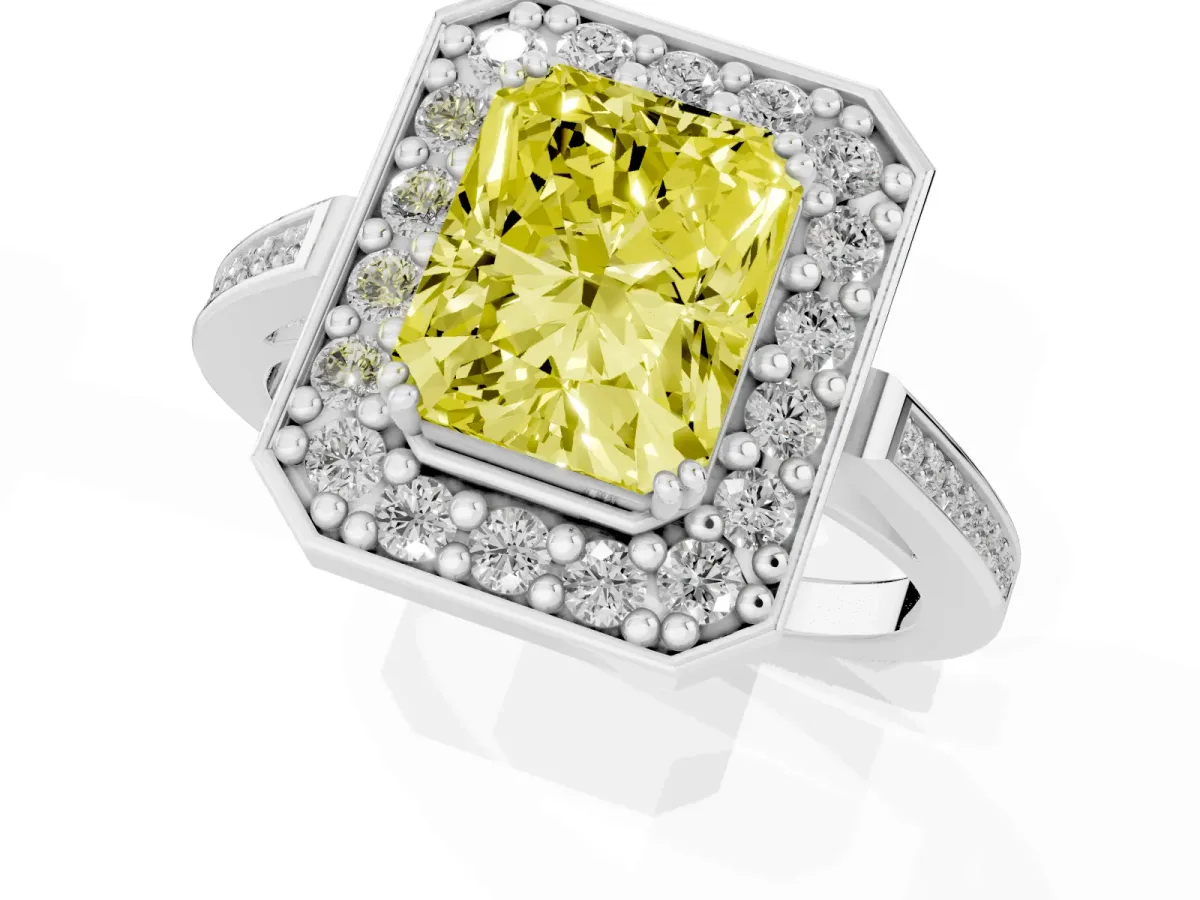 Fancy Yellow Radiant Cut Diamond Halo Ring with Split Shank and Four-Prong Setting Silver