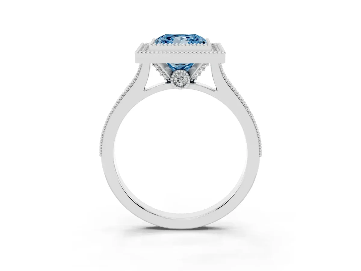Fancy Blue Halo Princess Cut-Cut Diamond Pave Band Milgrain Prong Setting Ring Silver