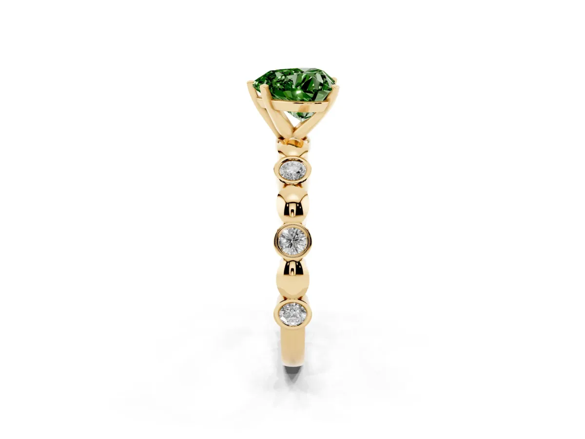 Fancy Green Heart Cut Solitaire Bezel-Set Diamond Ring with Beaded Band and Four-Prong Setting Yellow gold