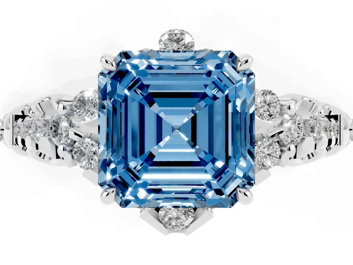 Fancy Blue Asscher Cut Diamond Solitaire Ring with Hidden Halo and Pavé Band Platinum