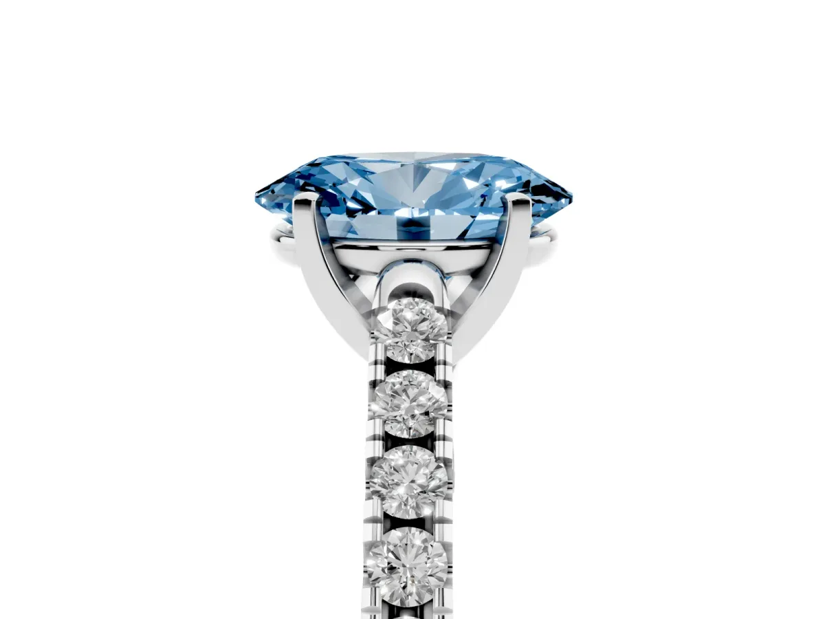 Fancy Blue Oval Cut Diamond Pavé Band Solitaire Ring with Prong Setting Platinum