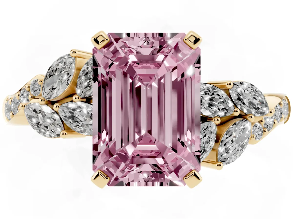 Fancy Pink Emerald Cut Solitaire Marquise Twist Band with Six-Prong Setting Yellow gold