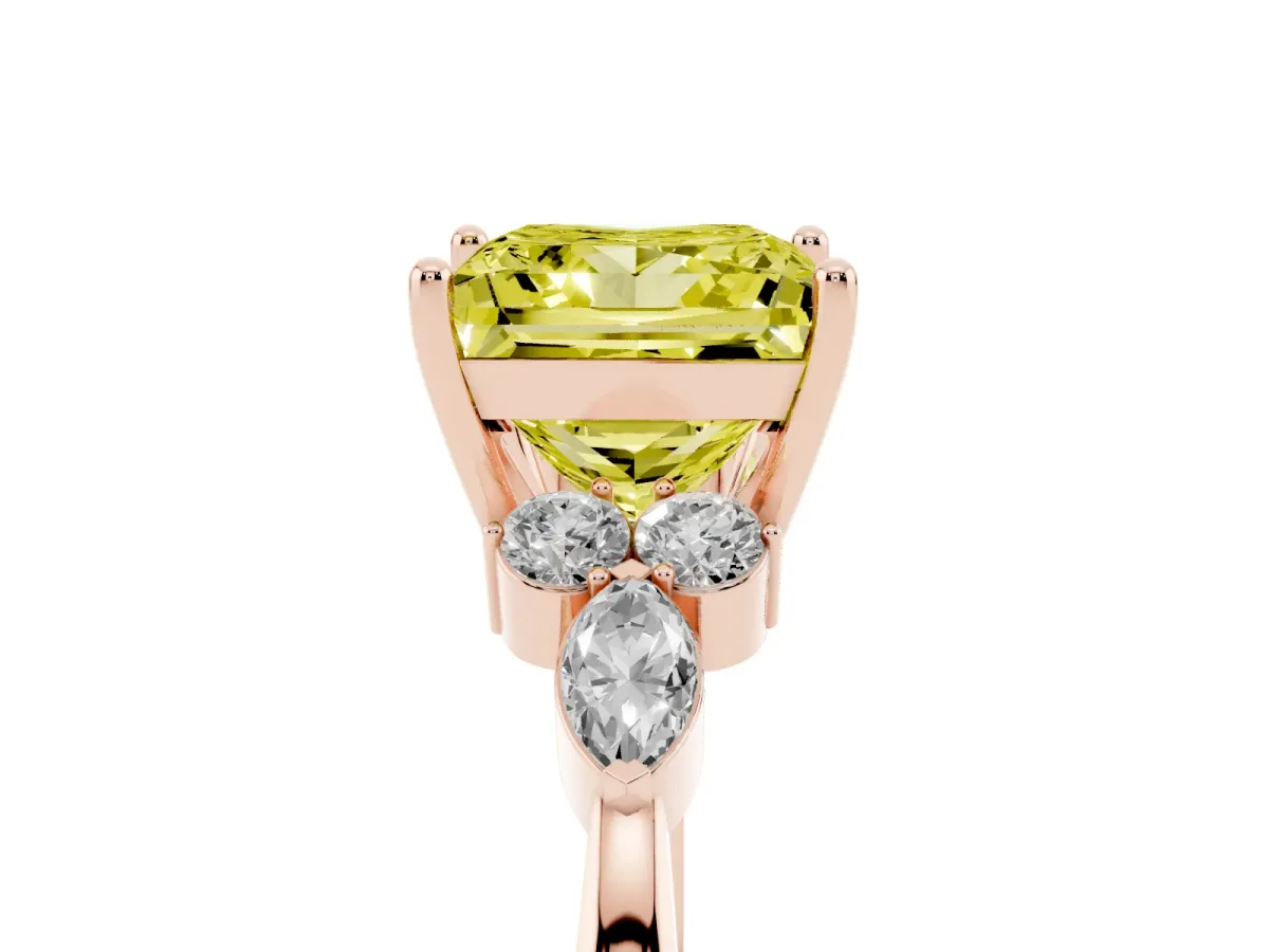 Fancy Yellow Princess Cut Brilliant Diamond Solitaire Ring with Pear Side Stones and Four-Prong Setting Rose gold