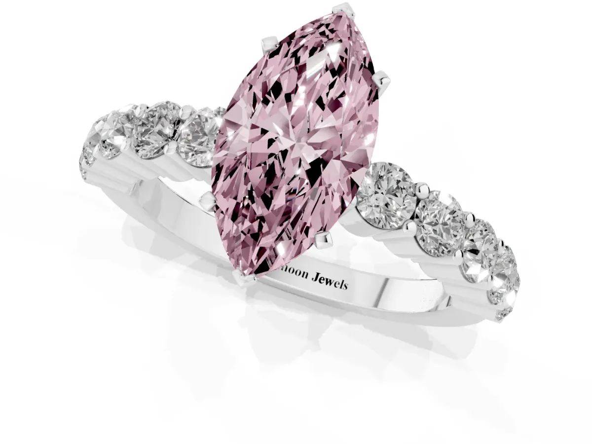 Fancy Pink Marquise Cut Diamond Solitaire Ring with Shared Prong Round Side Stones Platinum