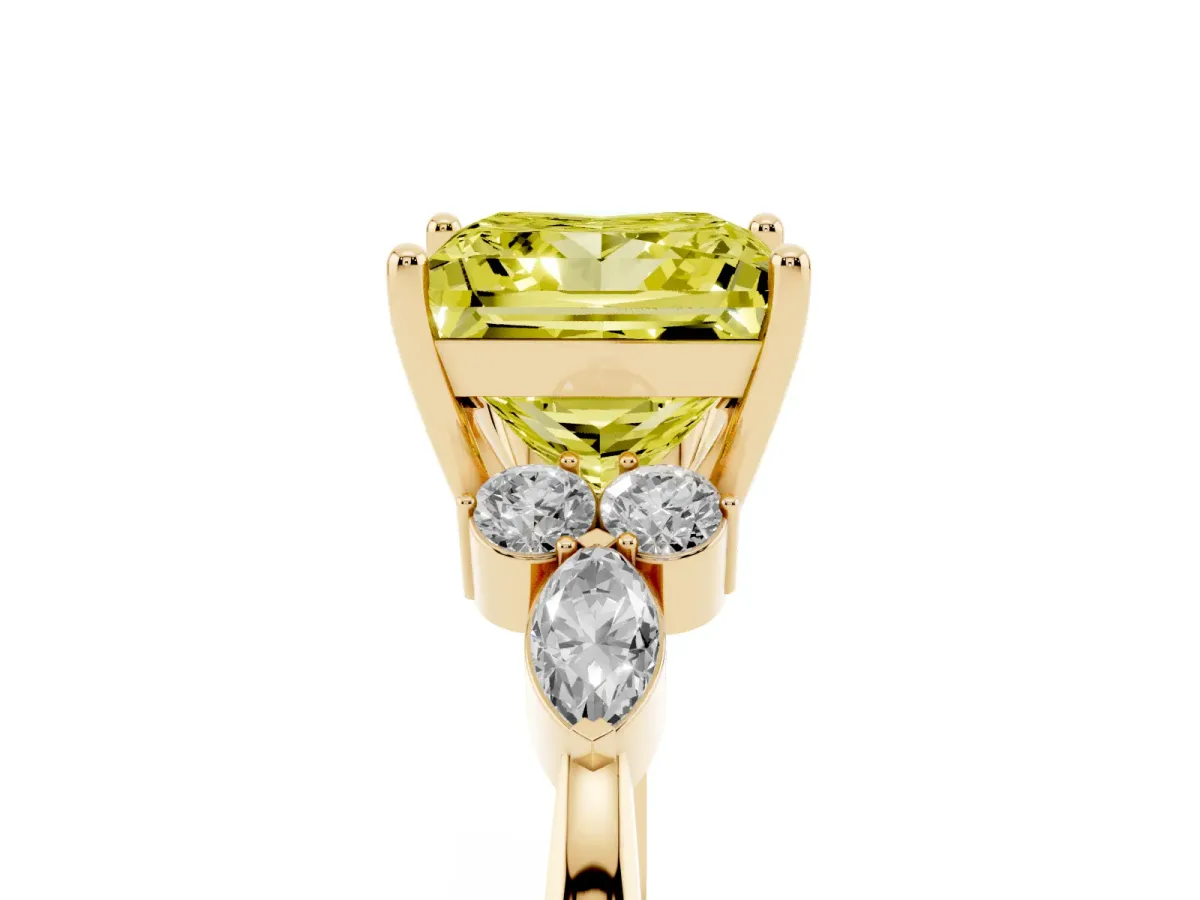 Fancy Yellow Princess Cut Brilliant Diamond Solitaire Ring with Pear Side Stones and Four-Prong Setting Yellow gold