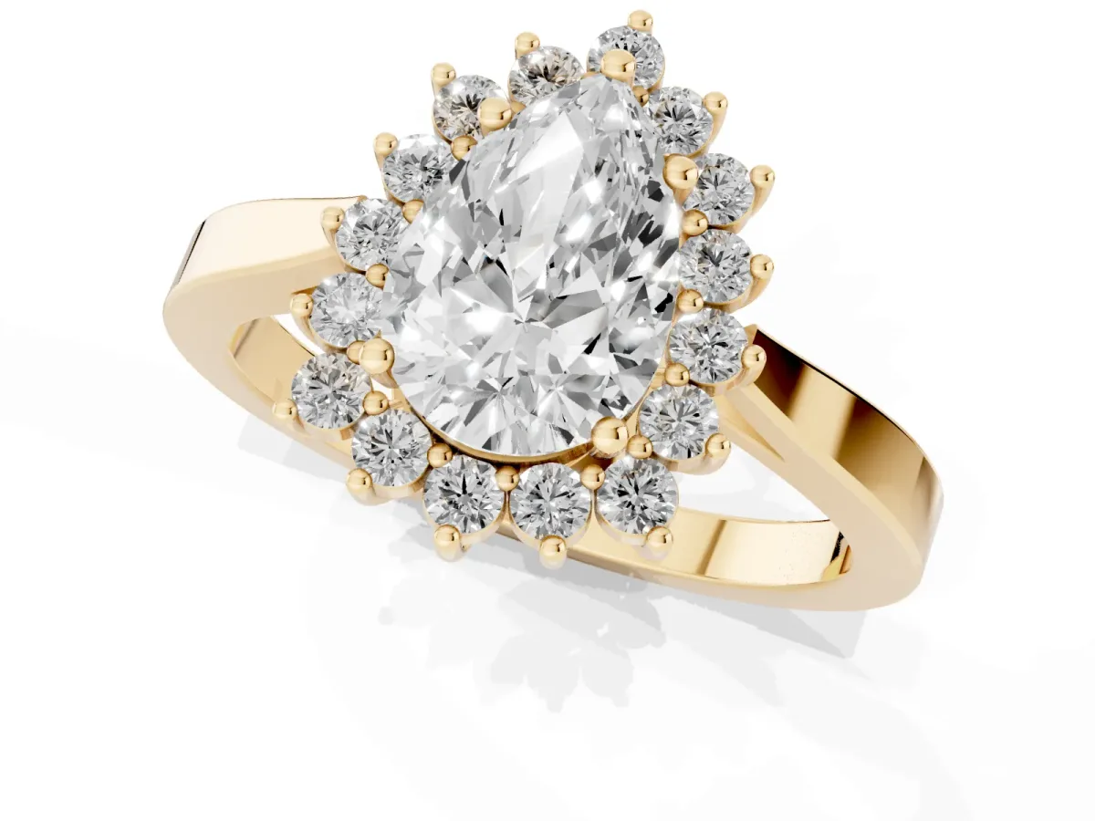 Pear Cut Cut Diamond Halo Ring with Round Brilliant Halo and Solitaire Band Yellow gold