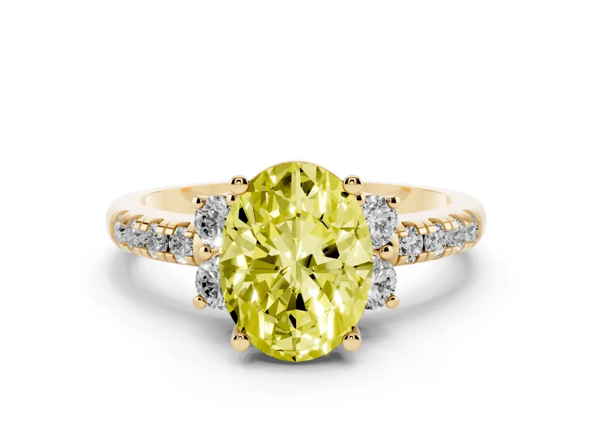 Fancy Yellow Oval Cut Diamond Three-Stone Pave Band with Four-Prong Setting Yellow gold