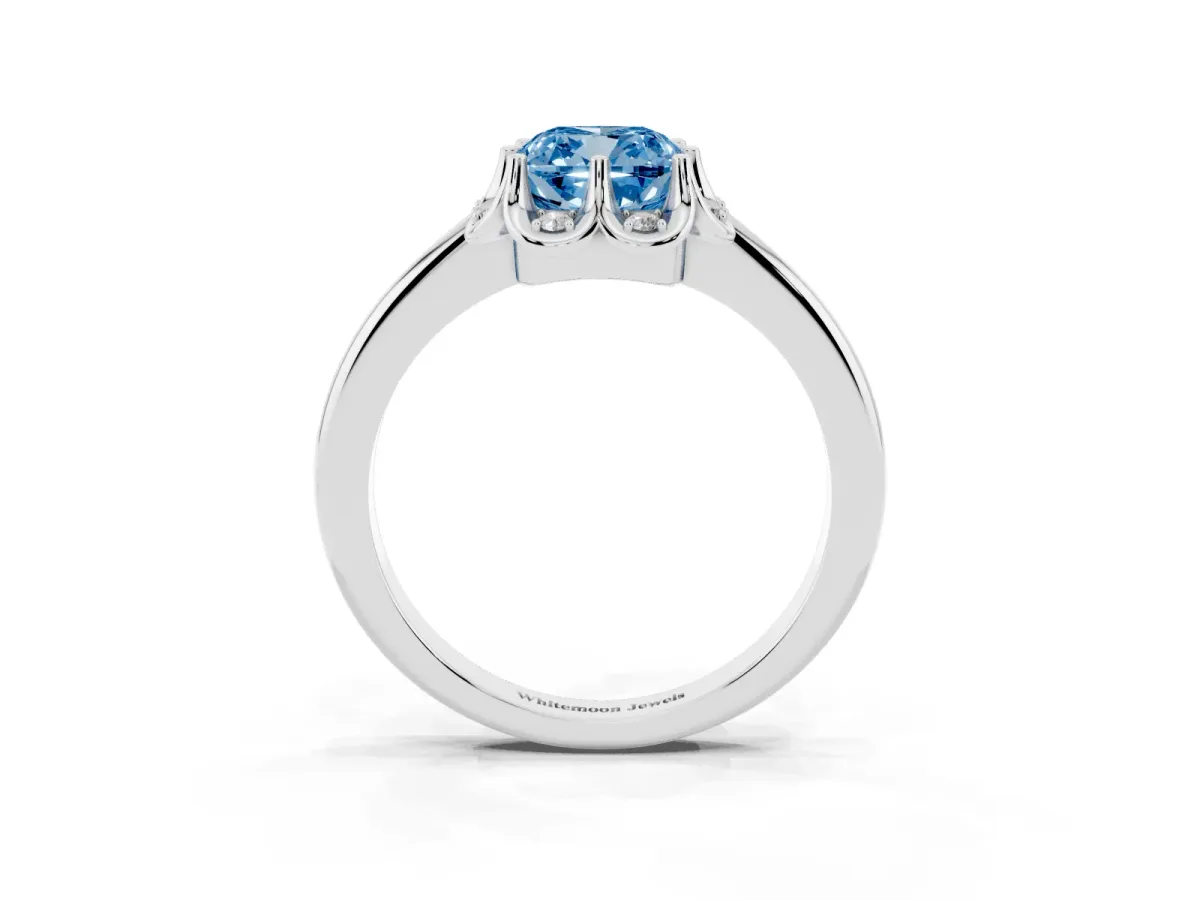 Fancy Blue Cushion Cut Halo Diamond Ring with Round Cluster Setting, Solitaire Band, and Four-Prong Setting White gold