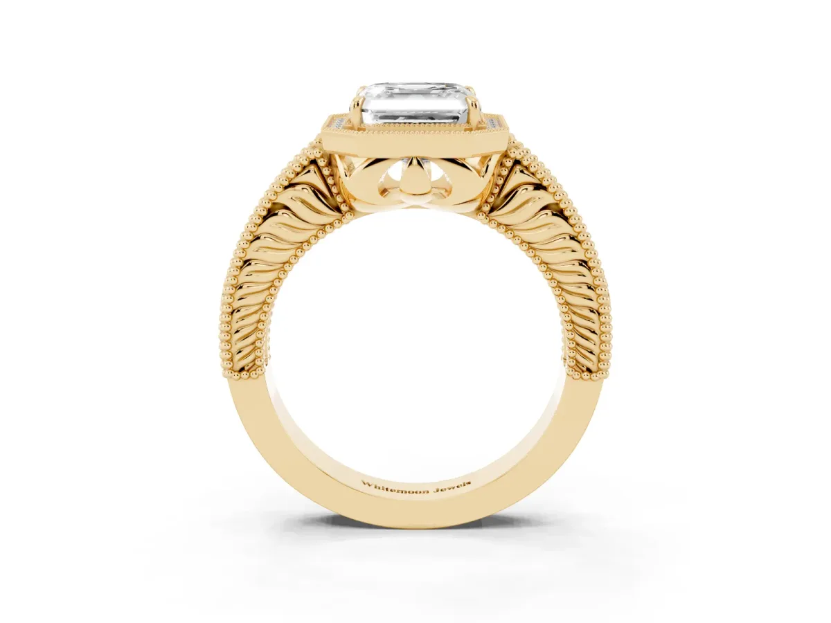 Asscher Cut Cut Halo Diamond Ring with Pavé Band and Four-Prong Setting Yellow gold