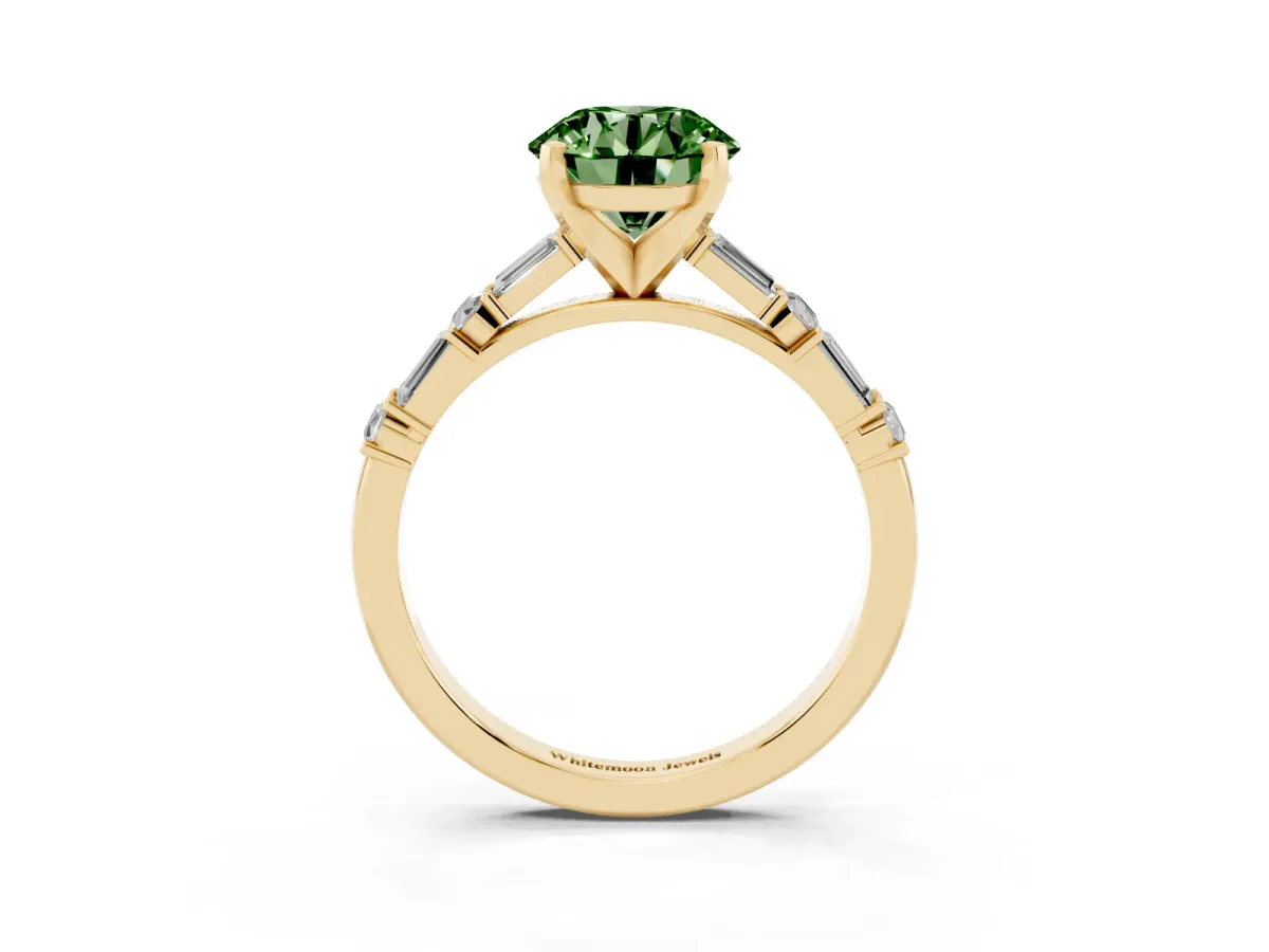 Fancy Green Round Cut Diamond Solitaire with Side Baguettes and Channel Set Band Yellow gold