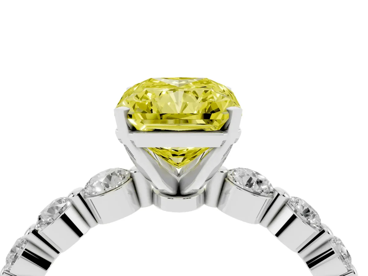 Fancy Yellow Radiant Cut Solitaire Diamond Ring with Pave Band and Four-Prong Setting Silver