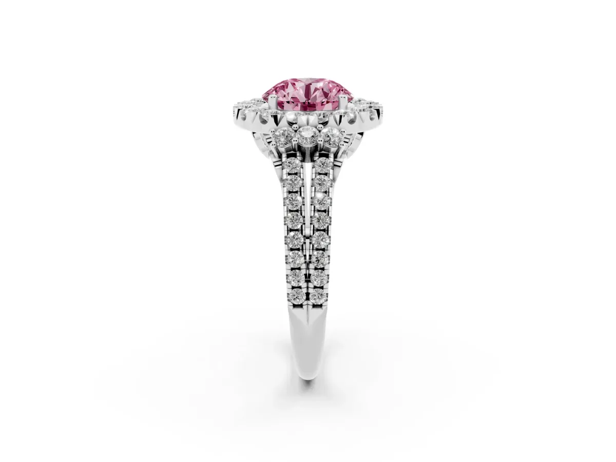 Fancy Pink Round Cut Cut Double Halo Diamond Engagement Ring with Pave Band and Four-Prong Setting Platinum