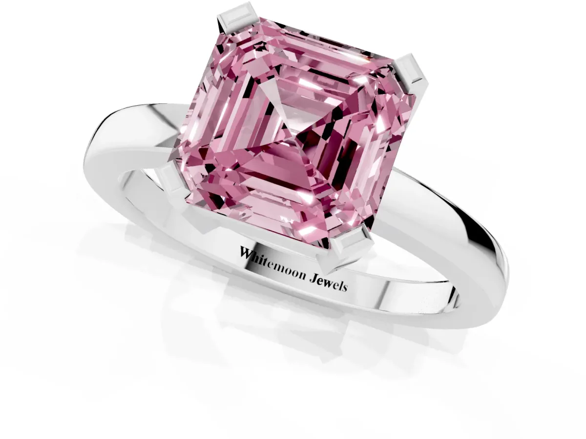 Fancy Pink Asscher Cut Cut Solitaire Ring with Four-Prong Setting and Classic Band Silver
