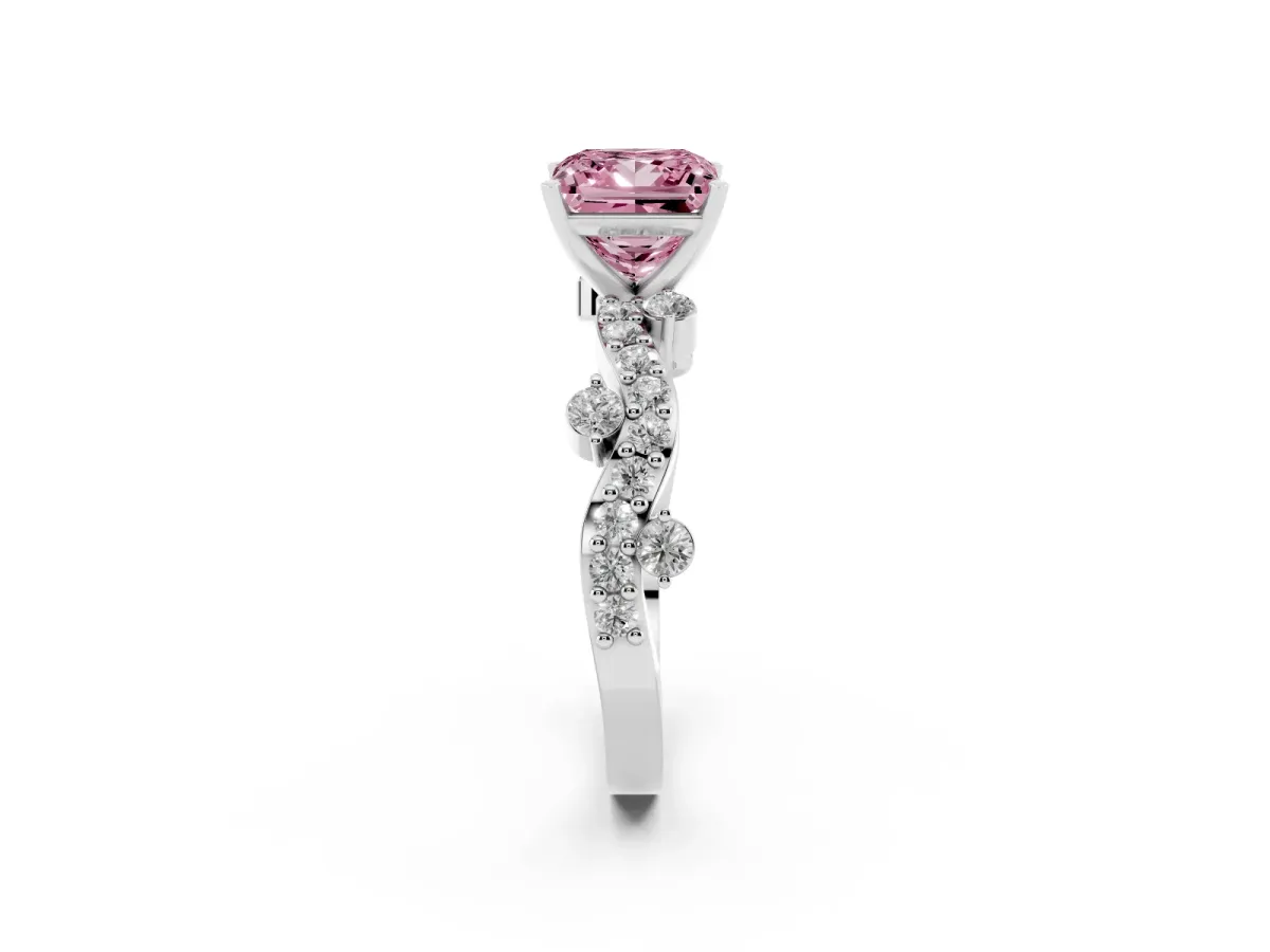 Fancy Pink Princess Cut Cut Solitaire Diamond Twisted Band with Pave Setting Silver