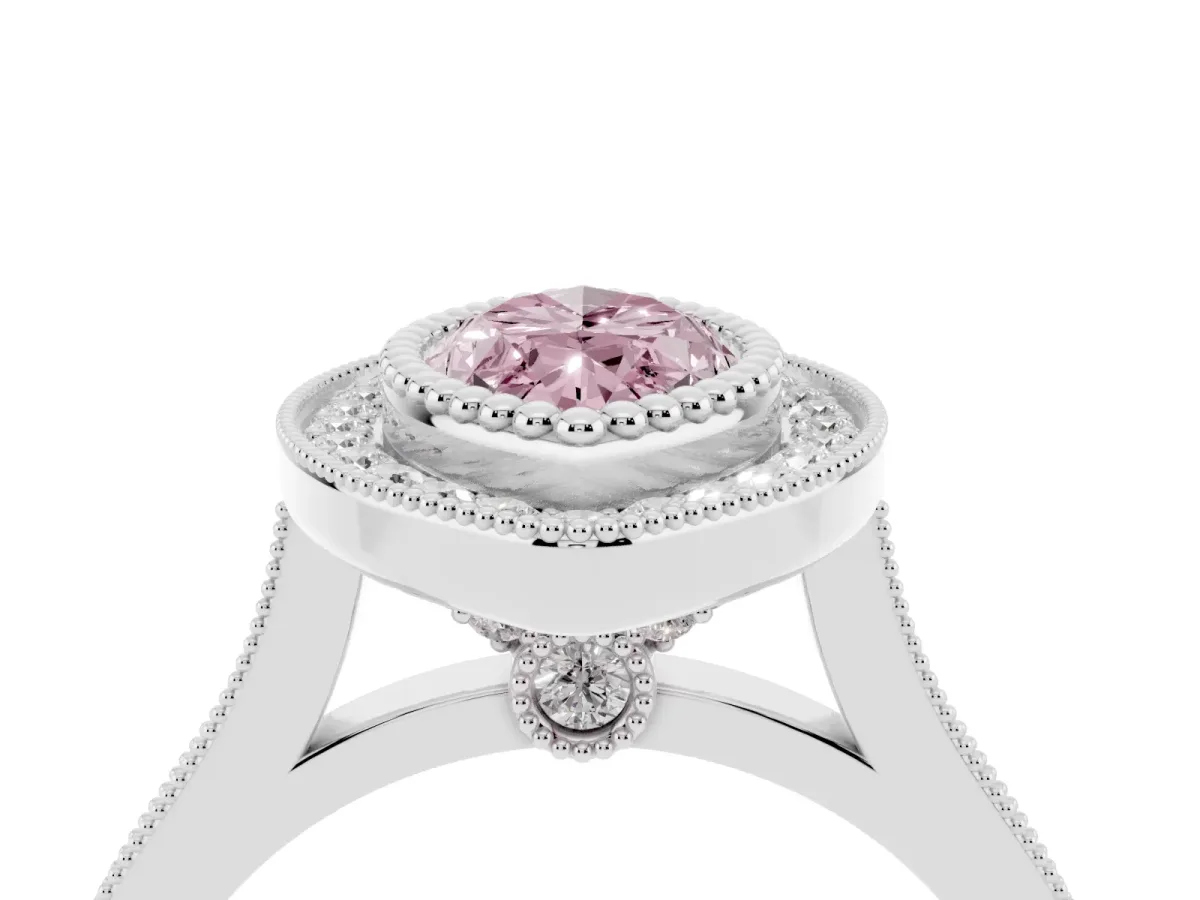 Fancy Pink Marquise Cut Diamond Halo Ring with Milgrain Frame and Pavé Band Platinum