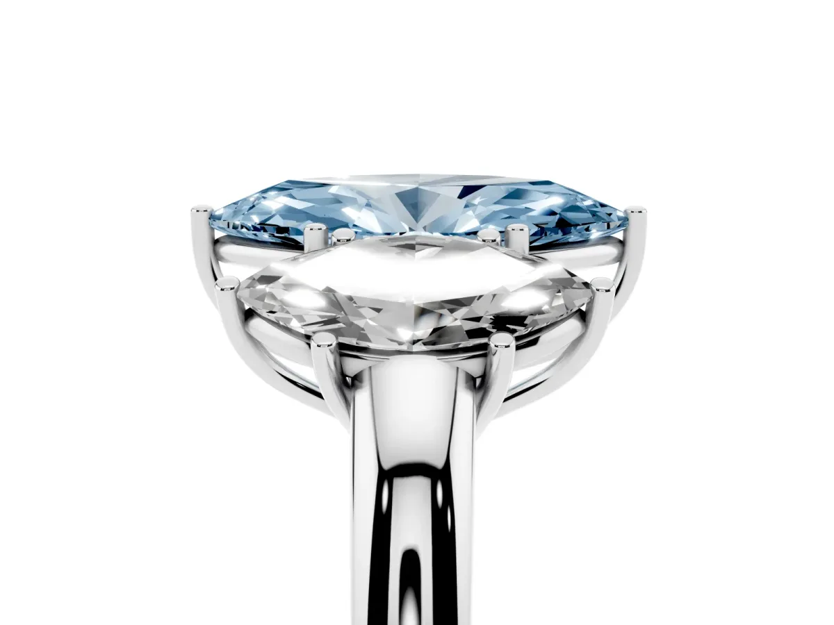 Fancy Blue Marquise Cut Diamond Three-Stone Ring with Four-Prong Setting and Classic Band Silver