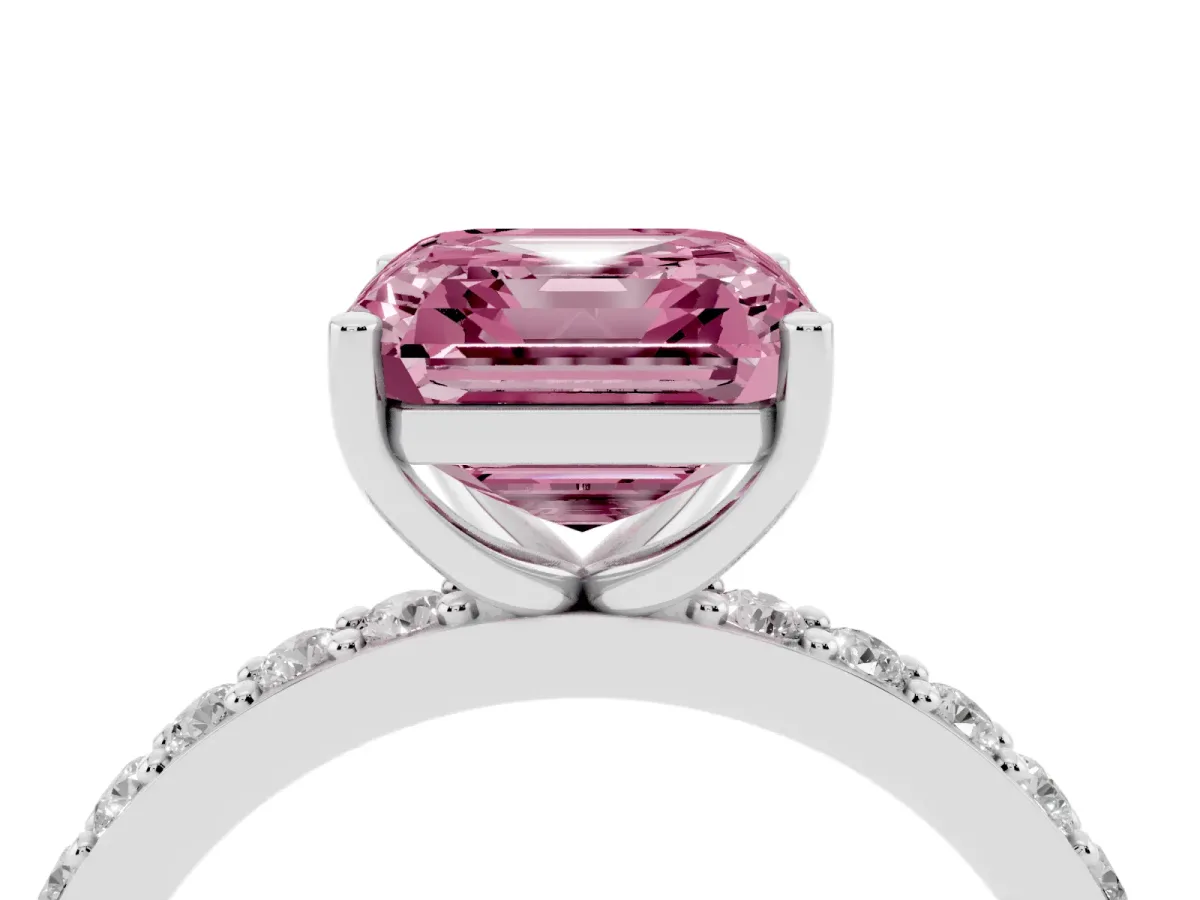 Fancy Pink Asscher Cut Cut Diamond Solitaire with Pave Band and Four-Prong Setting Platinum