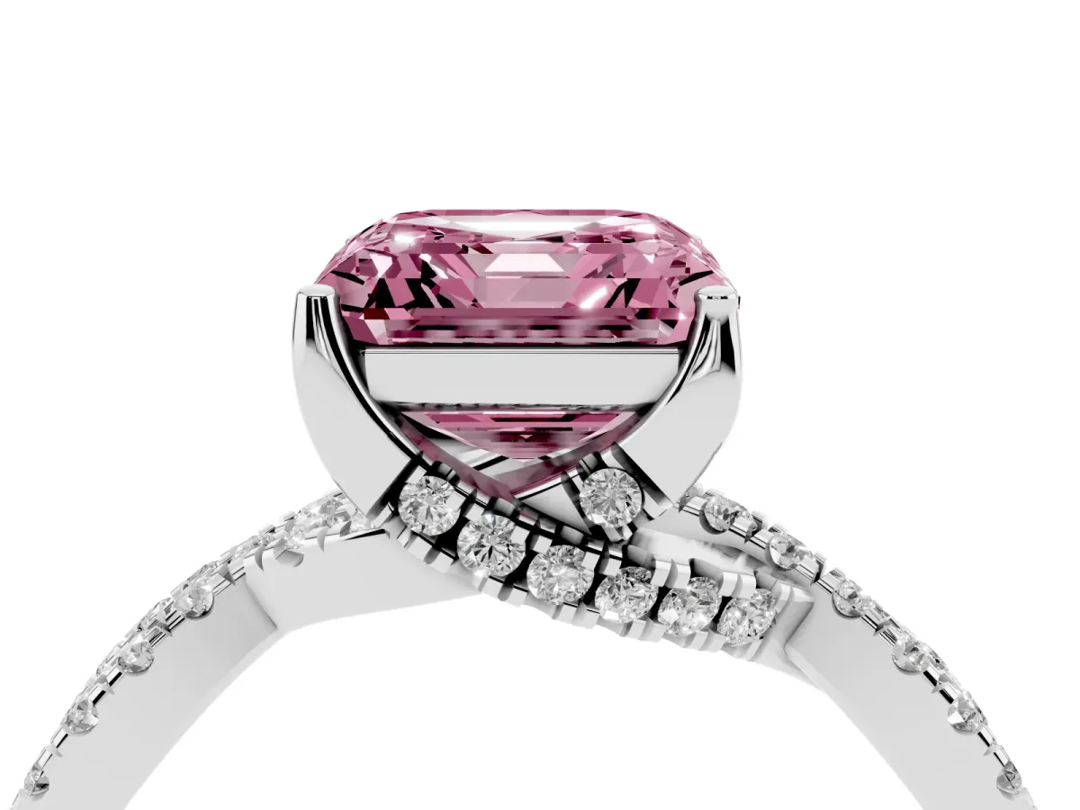 Fancy Pink Asscher Cut Solitaire Twist Pave Diamond Engagement Ring with Prong Setting Silver