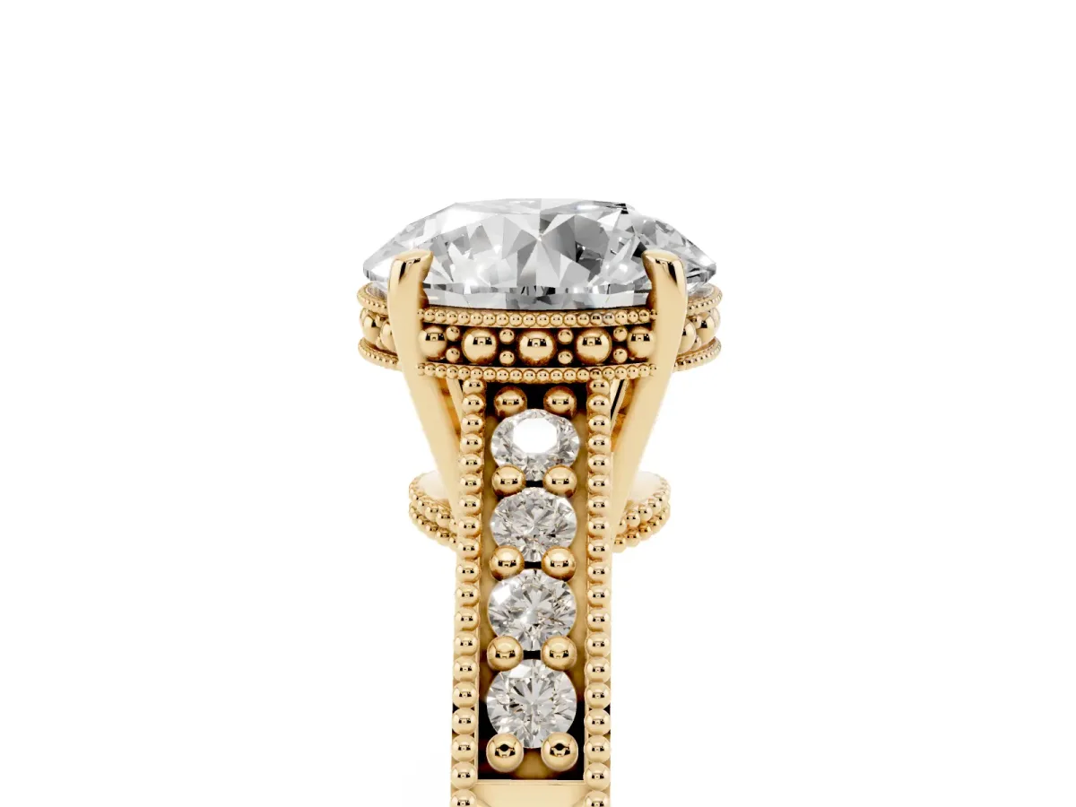 Round Cut Solitaire Pavé Diamond Milgrain Engagement Ring with Four-Prong Setting Yellow gold