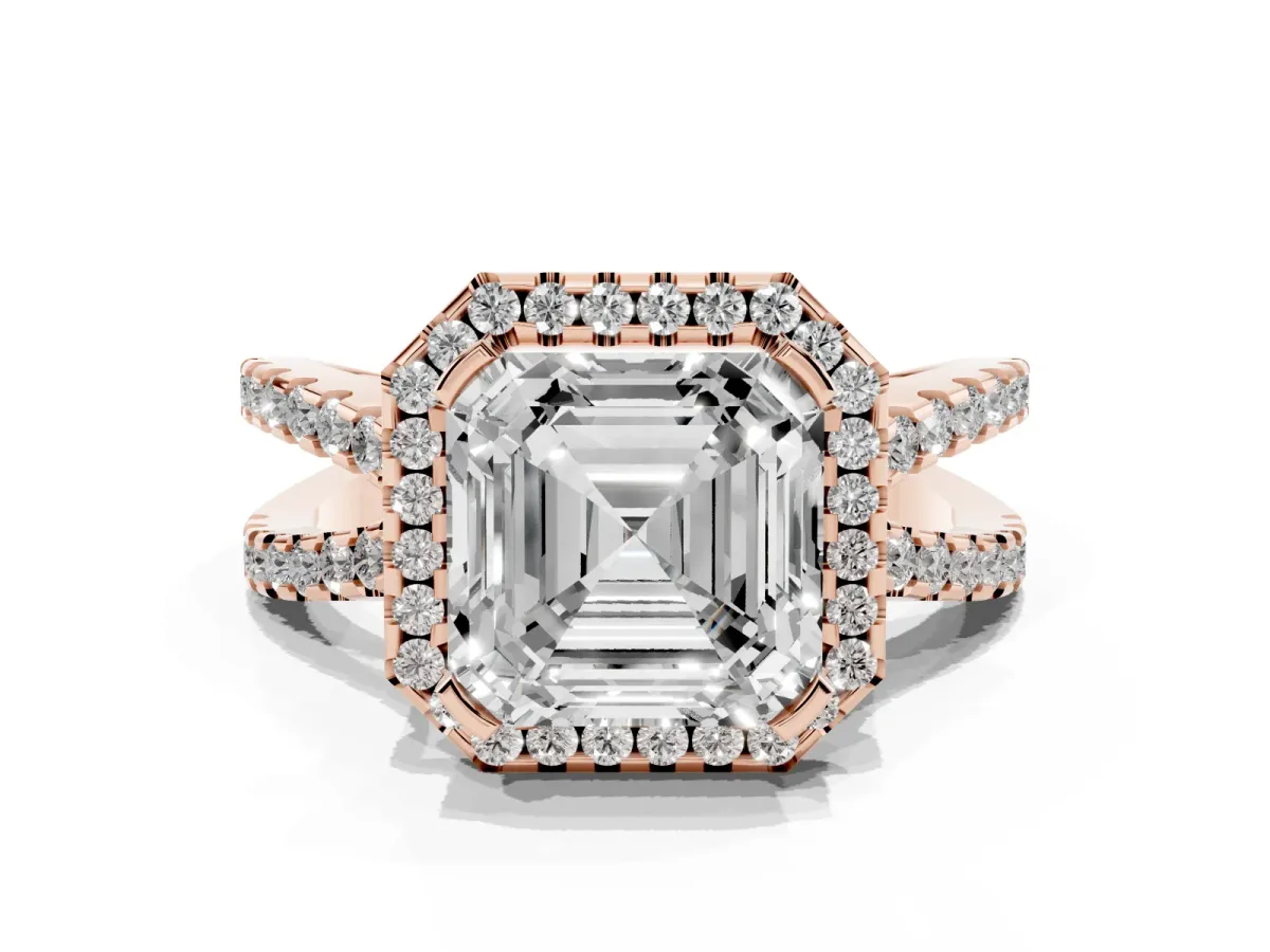 Asscher Cut Diamond Halo Ring with Split Shank Pavé Band and Prong Setting Rose gold