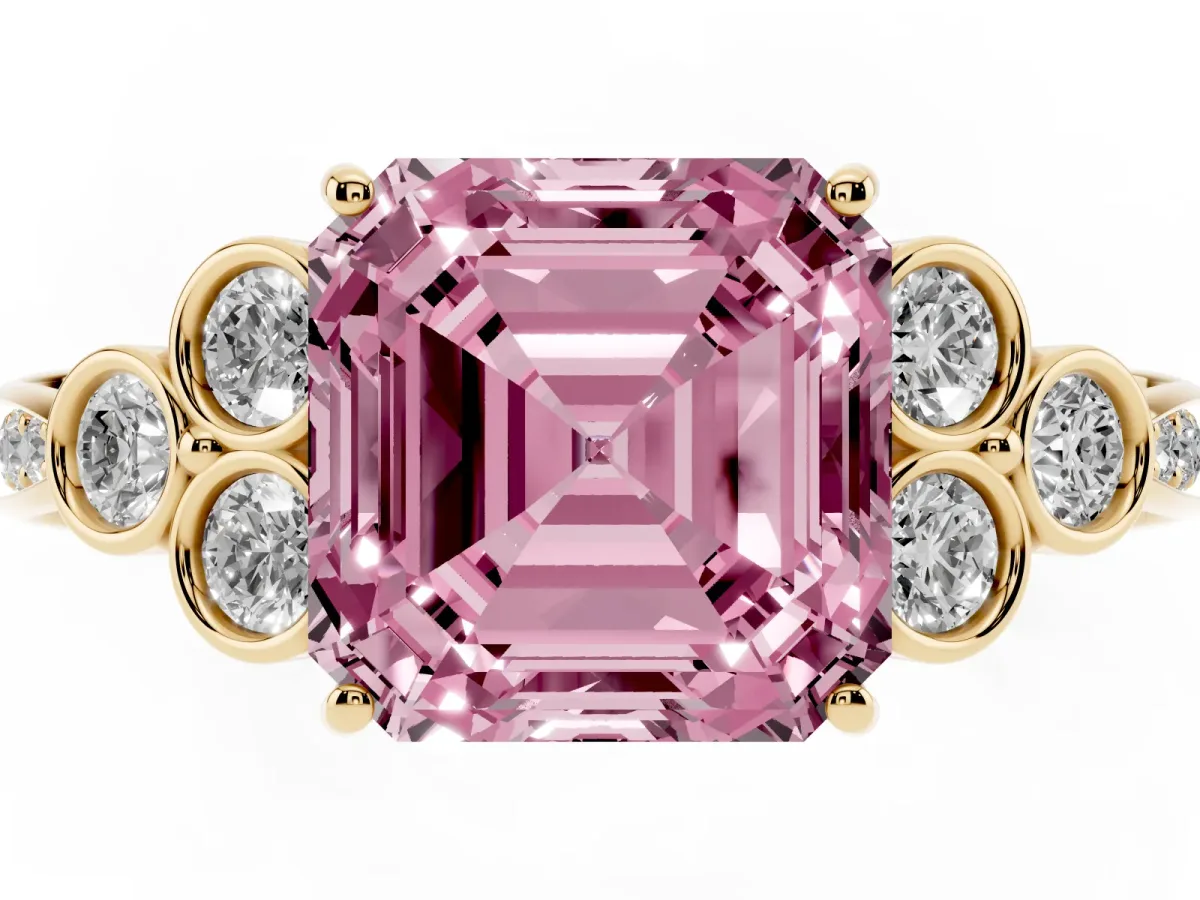 Fancy Pink Asscher Cut Cut Diamond Engagement Ring with Bezel Set Round Side Stones and Prong Setting Yellow gold