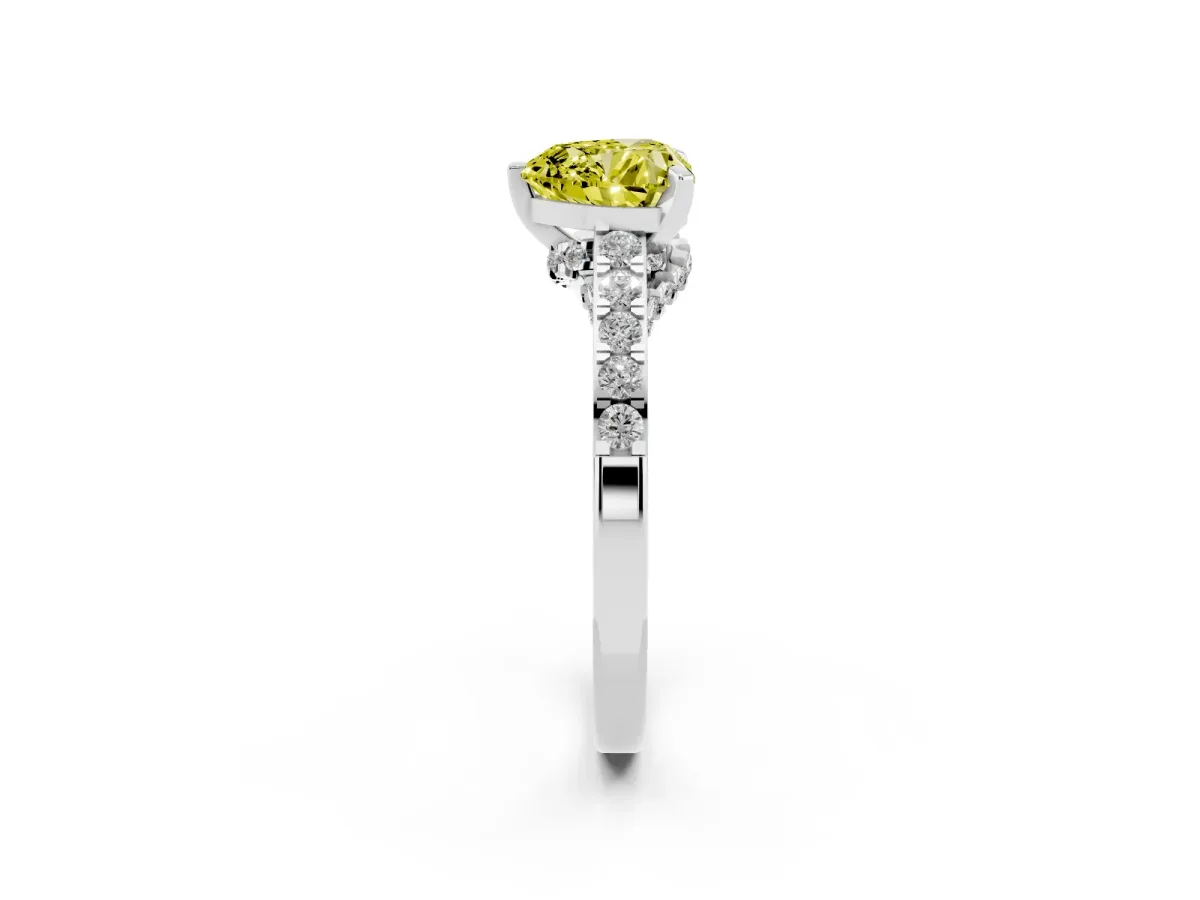 Fancy Yellow Heart Cut Diamond Solitaire Ring with Crossover Gallery and Round Pavé Band Platinum