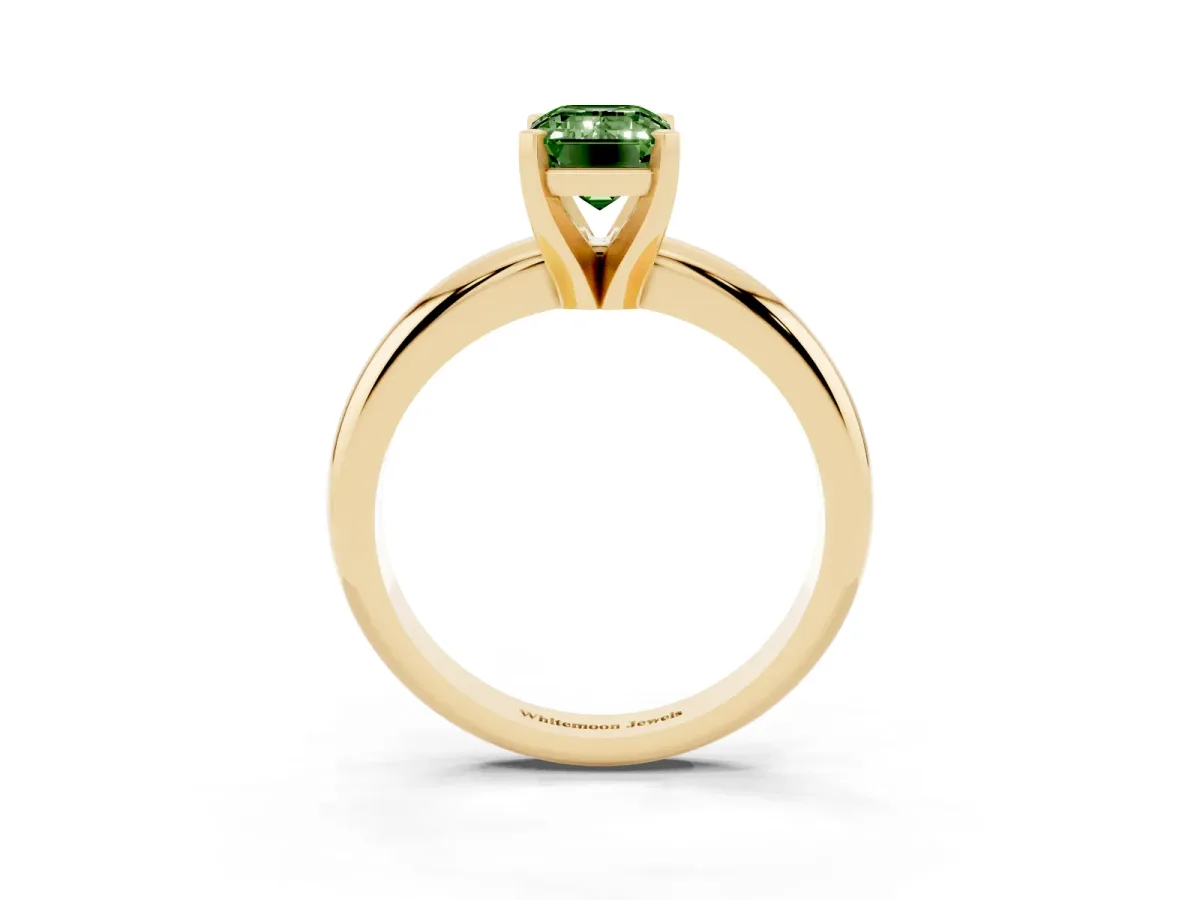 Fancy Green Emerald Cut Diamond Solitaire Engagement Ring with Round Band and Four-Prong Setting Yellow gold