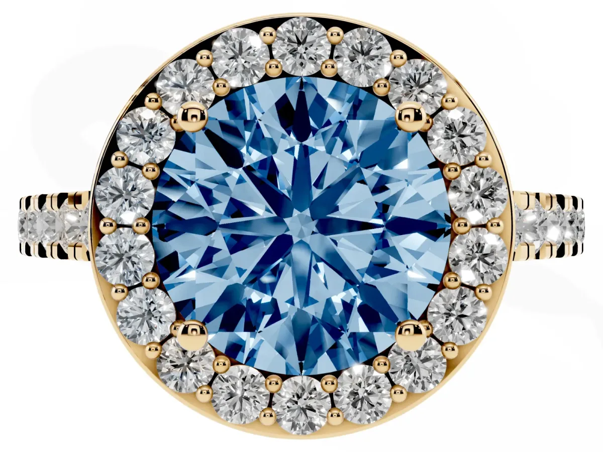 Fancy Blue Round Cut Diamond Halo Ring with Round Pavé Split Shank and Prong Setting Yellow gold