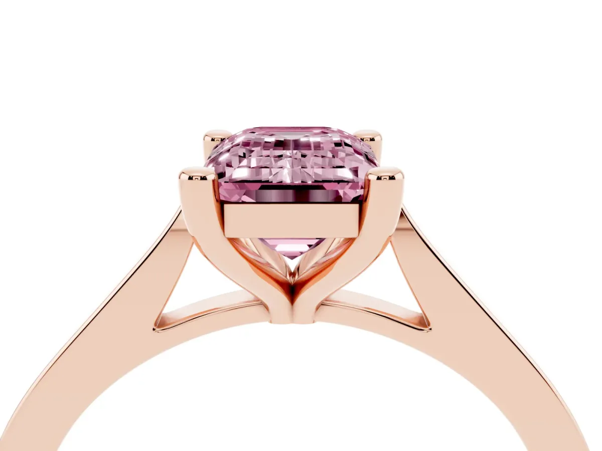 Fancy Pink Emerald Cut Solitaire Diamond Ring with Four-Prong Setting and Tapered Band Rose gold