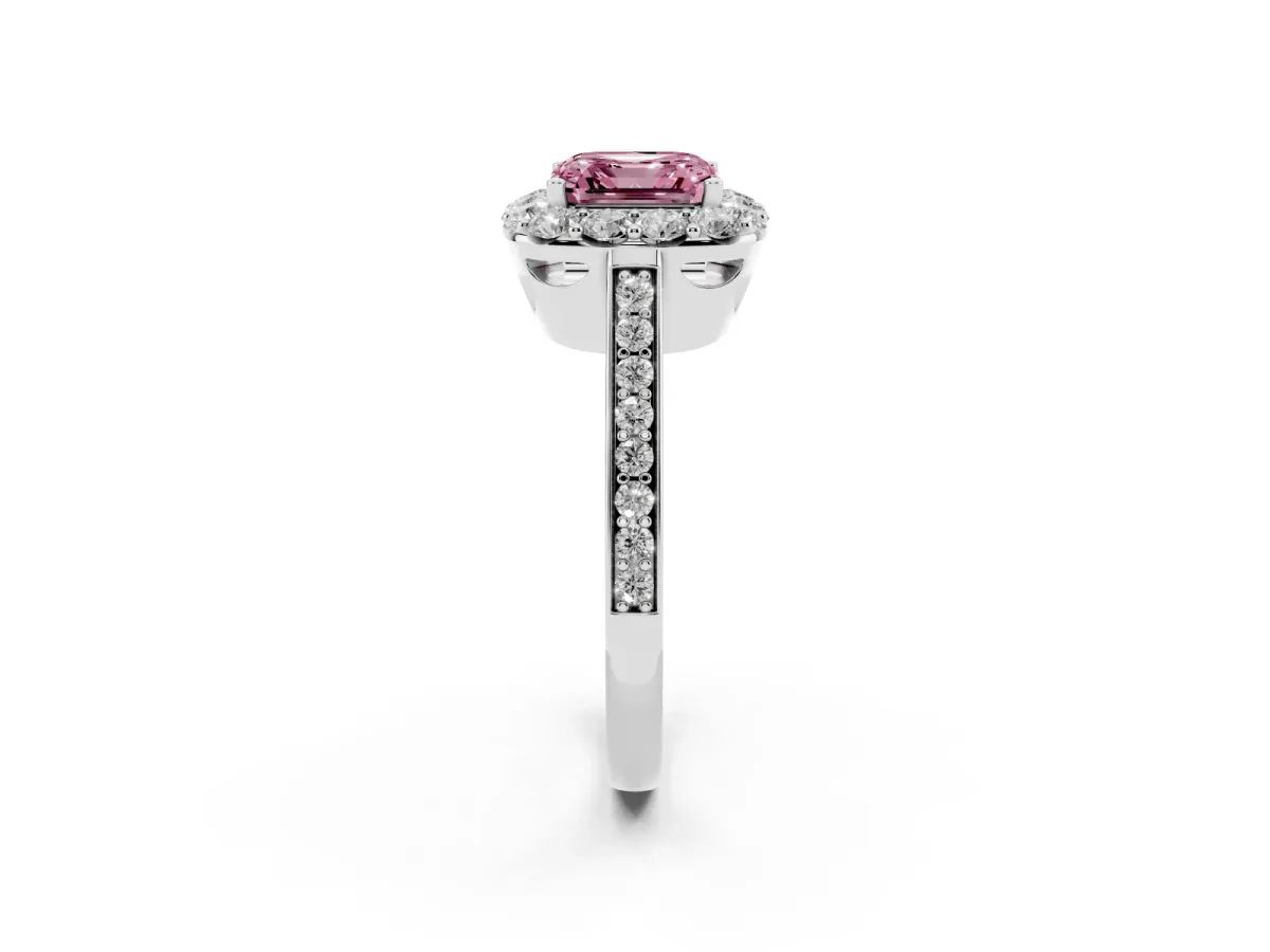 Fancy Pink Asscher Cut Diamond Floral Halo Ring with Pavé Band and Prong Setting Silver