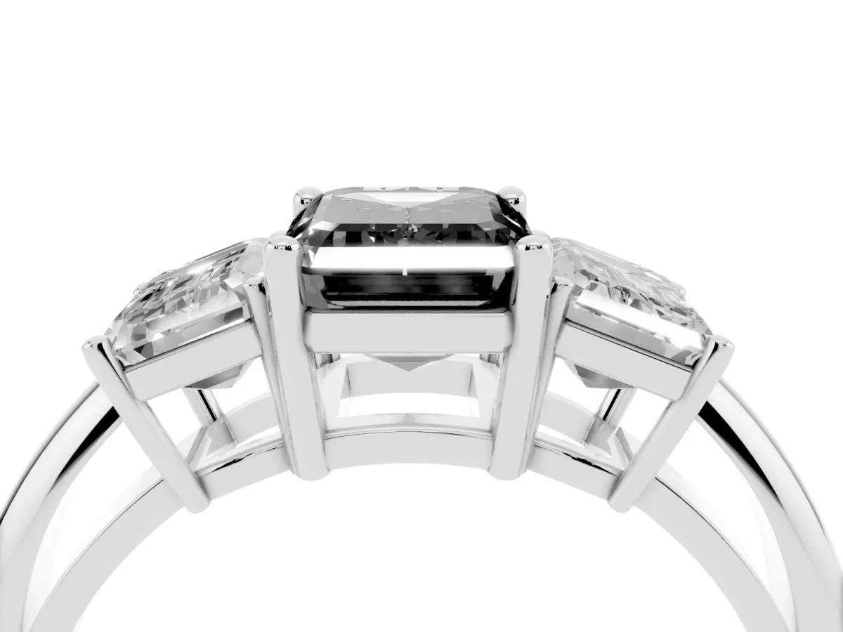 Fancy Black Three-Stone Emerald Cut Cut Diamond Engagement Ring with Prong Setting on a White Gold Band White gold
