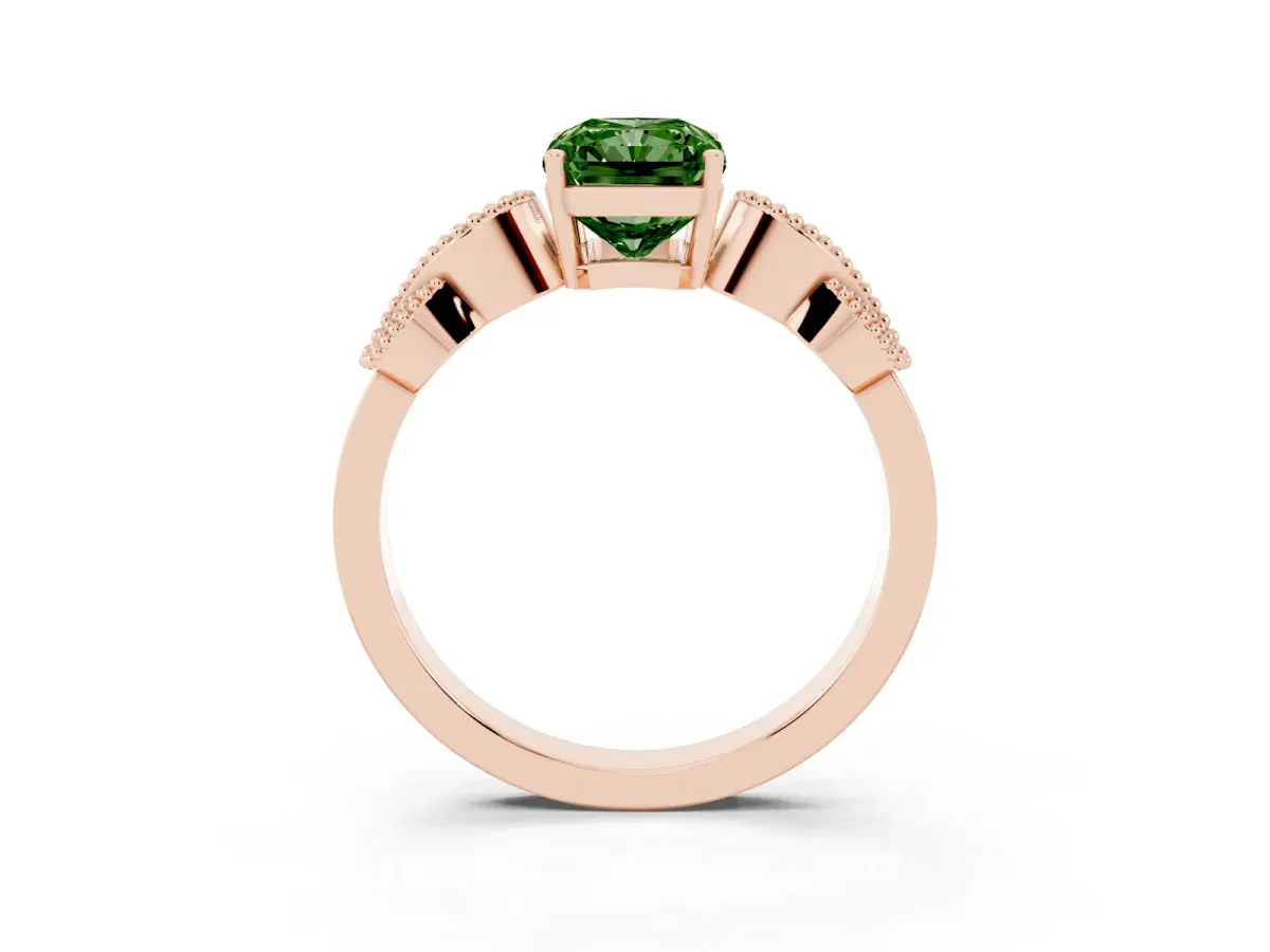Fancy Green Radiant Cut Solitaire Milgrain Leaf Band with Prong Setting Rose gold