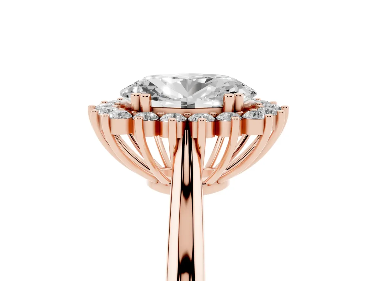 Oval Cut Cut Diamond Halo Ring with Solitaire Band and Prong Setting Rose gold