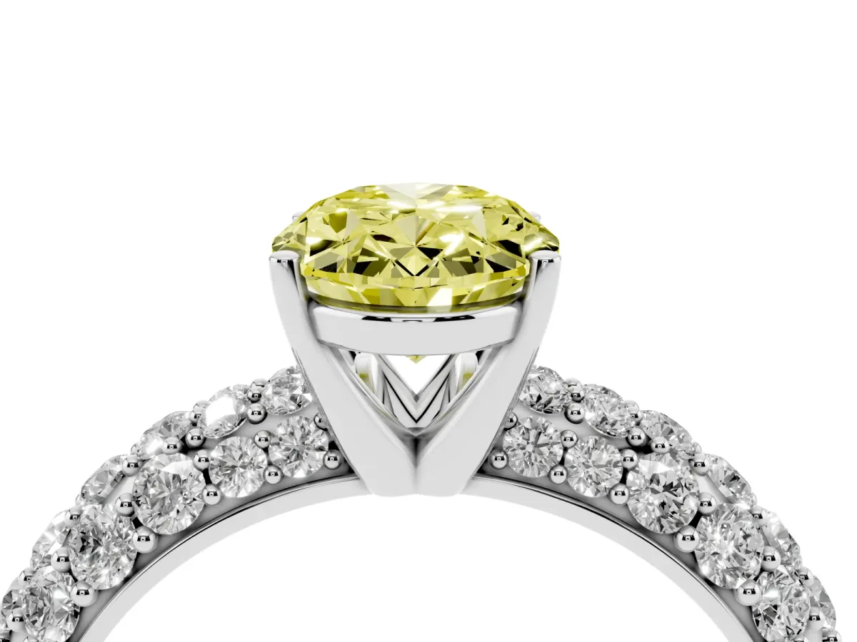 Fancy Yellow Oval Cut Diamond Pavé Band Solitaire Ring with Four-Prong Setting Platinum