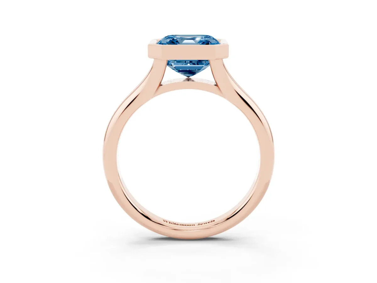 Fancy Blue Bezel Set Asscher Cut Solitaire Diamond Ring with Smooth Band Rose gold