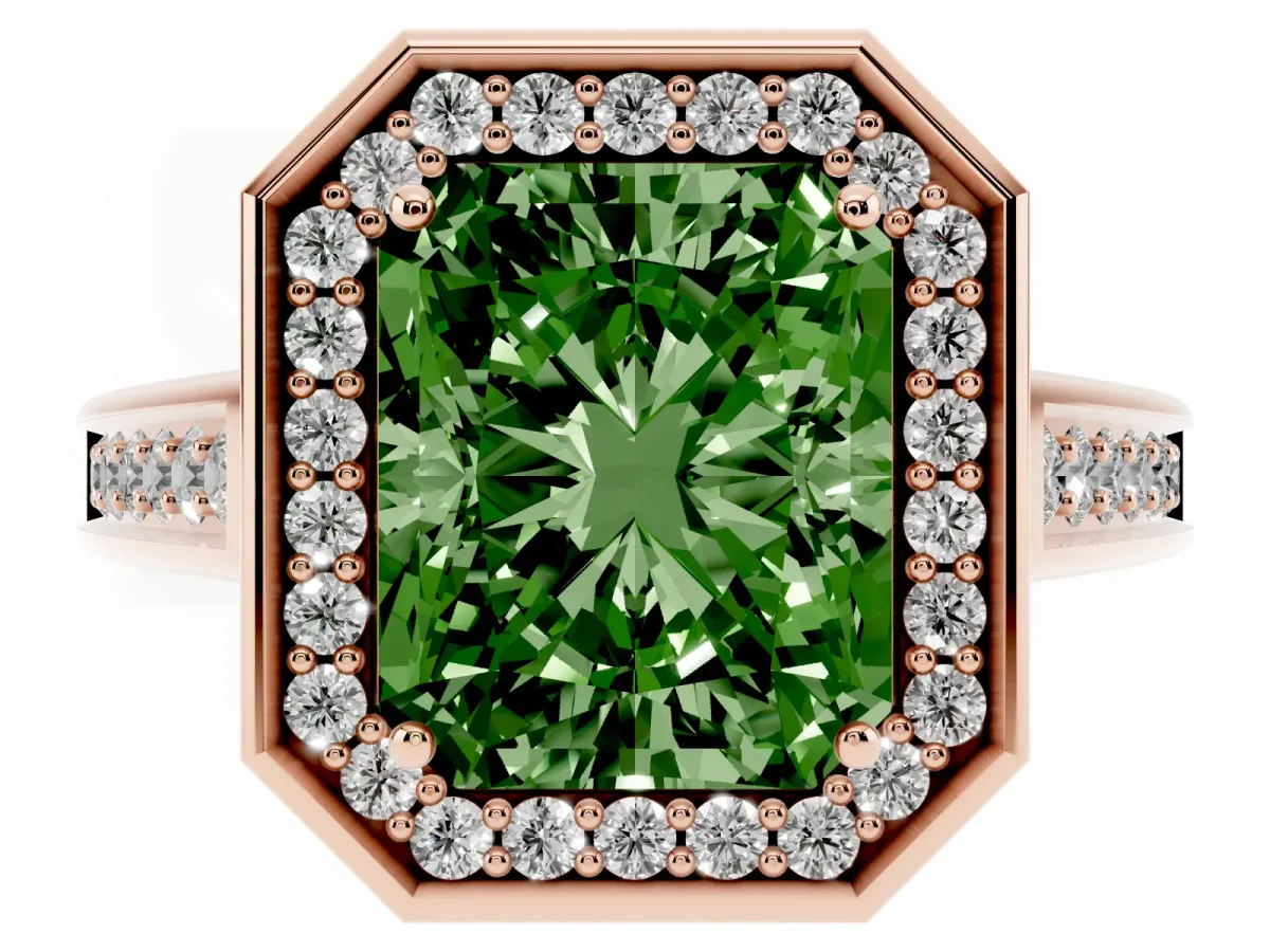 Fancy Green Emerald Cut Halo Solitaire Diamond Ring with Pave Band and Bezel Setting Rose gold