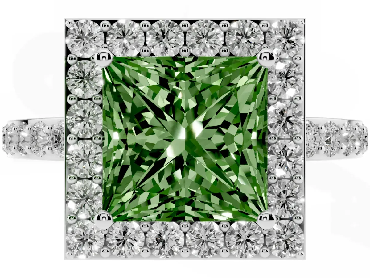 Fancy Green Princess Cut Halo Diamond Pavé Band Ring with Prong Setting Silver